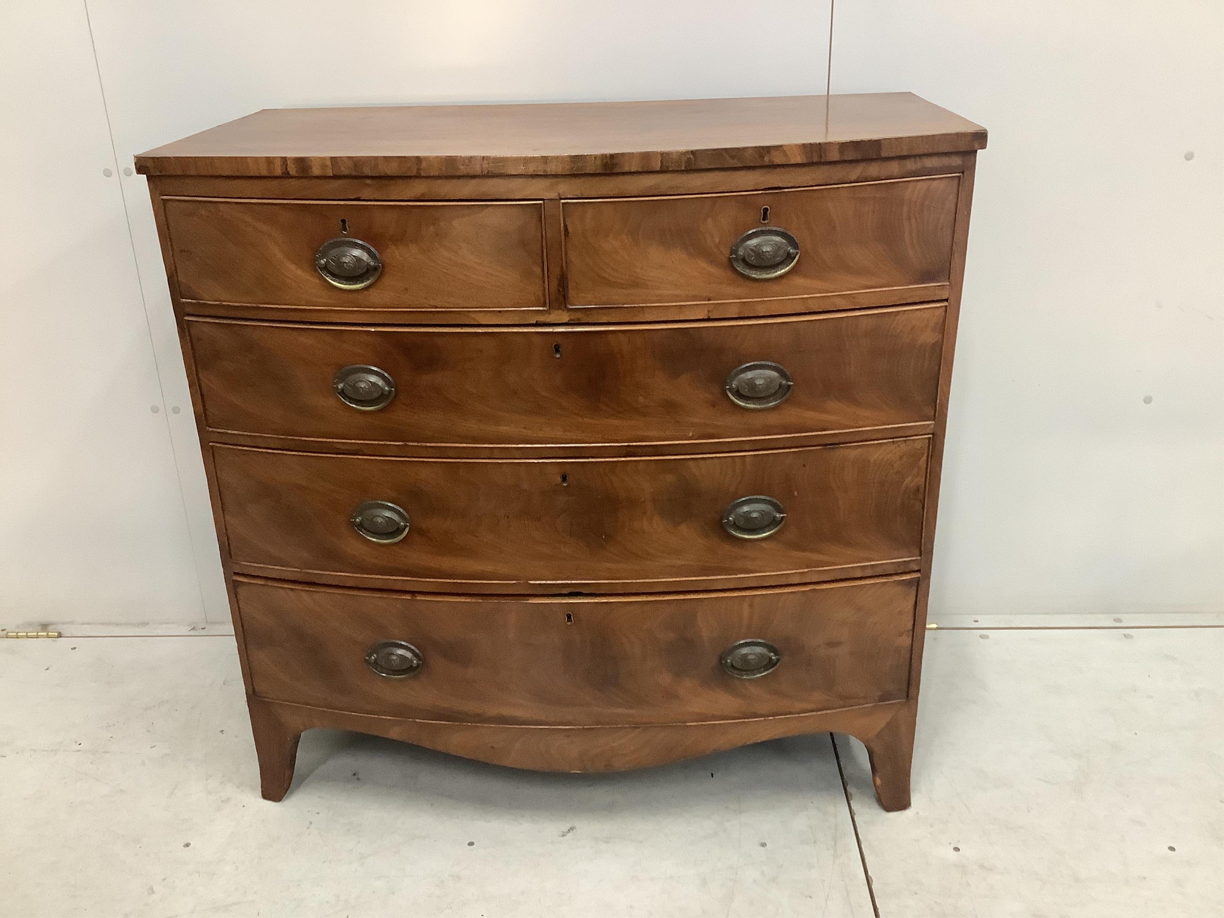 A Regency mahogany bow front chest, width 104cm, depth 52cm, height 101cm. Condition - fair